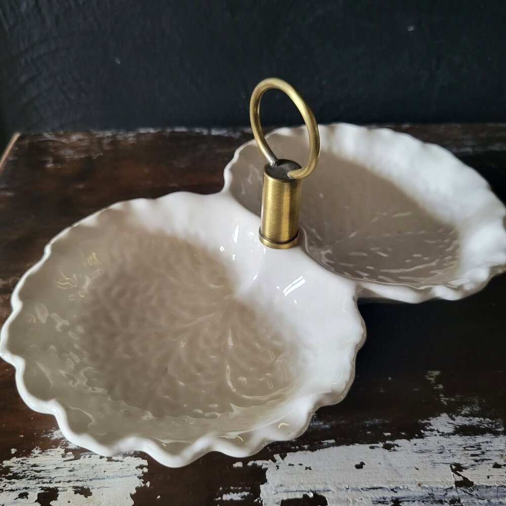 Vintage Stangl Pottery Double Cabbage Leaf Serving Dish Brass Center Handle